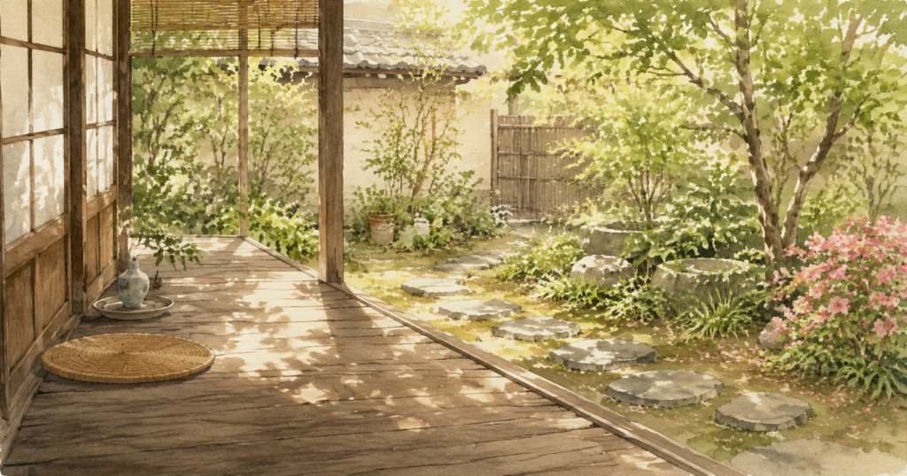 縁側から見える庭と、静かな午後の光