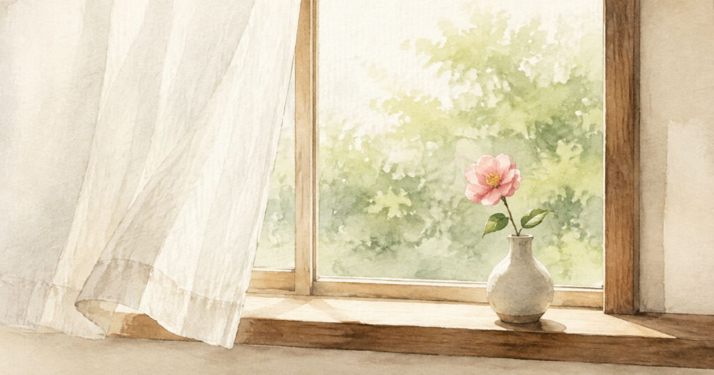 窓辺に飾られた一輪の花と、差し込むやわらかい光