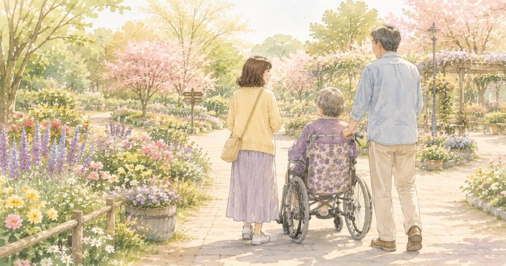 花の咲く公園を、車椅子の母と家族3人で散歩する後ろ姿
