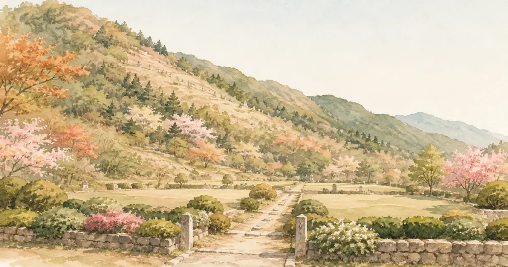 山の裾から平らな墓地へと続く、やわらかい遠景