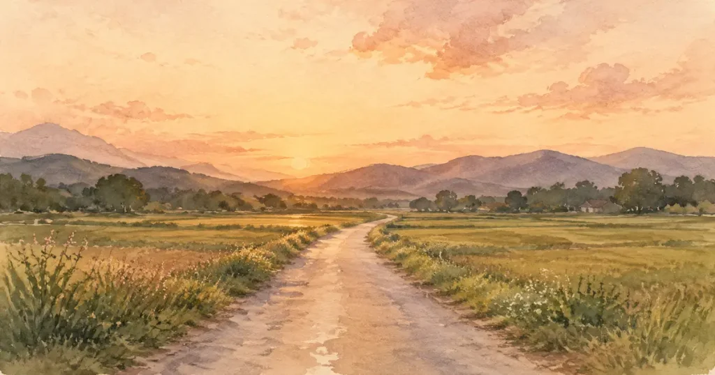 夕暮れの田舎道と遠くの山の稜線
