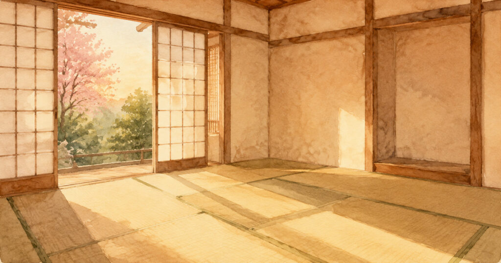 がらんとした和室の畳と、夕方の光が伸びる床