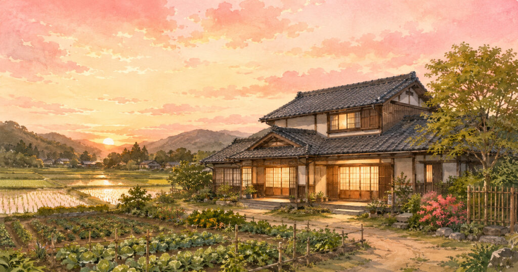 田んぼと畑に囲まれた日本家屋。窓に灯りがともる夕暮れ