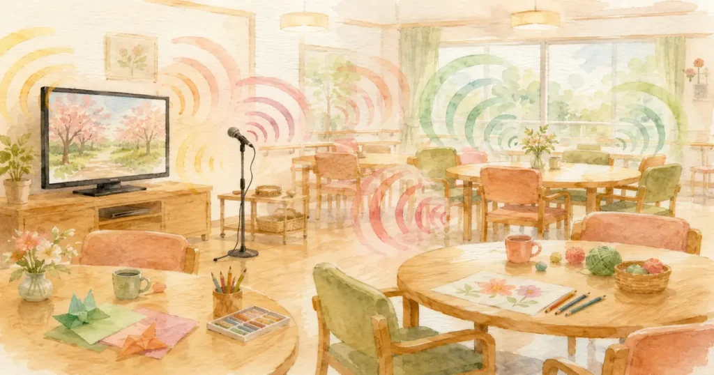 テレビや会話など複数の音が重なるデイサービスで、聞き取りにくそうにする高齢女性の水彩画