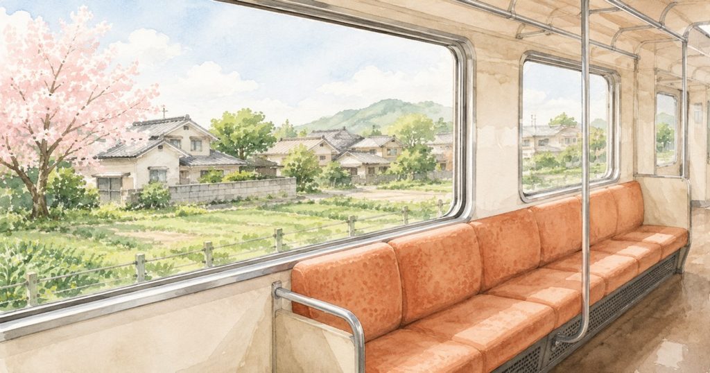 昼間の空いた電車の座席と、窓の外に見える桜と田畑