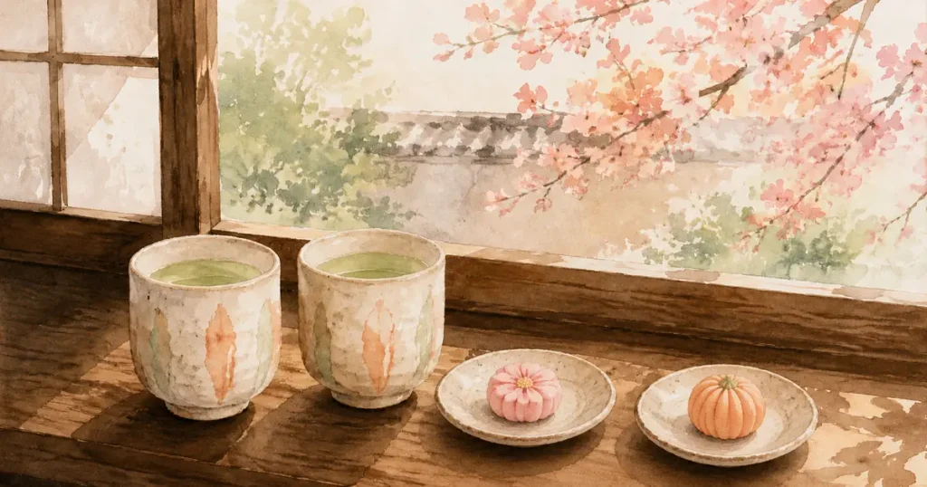 窓辺に並んだ二つの湯呑みと和菓子