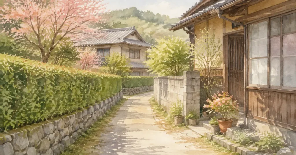 実家の前の細い道と隣家