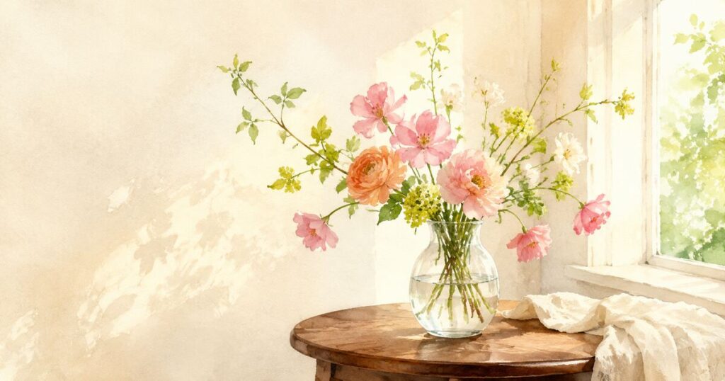 ガラスの花瓶に生けられた季節の切り花