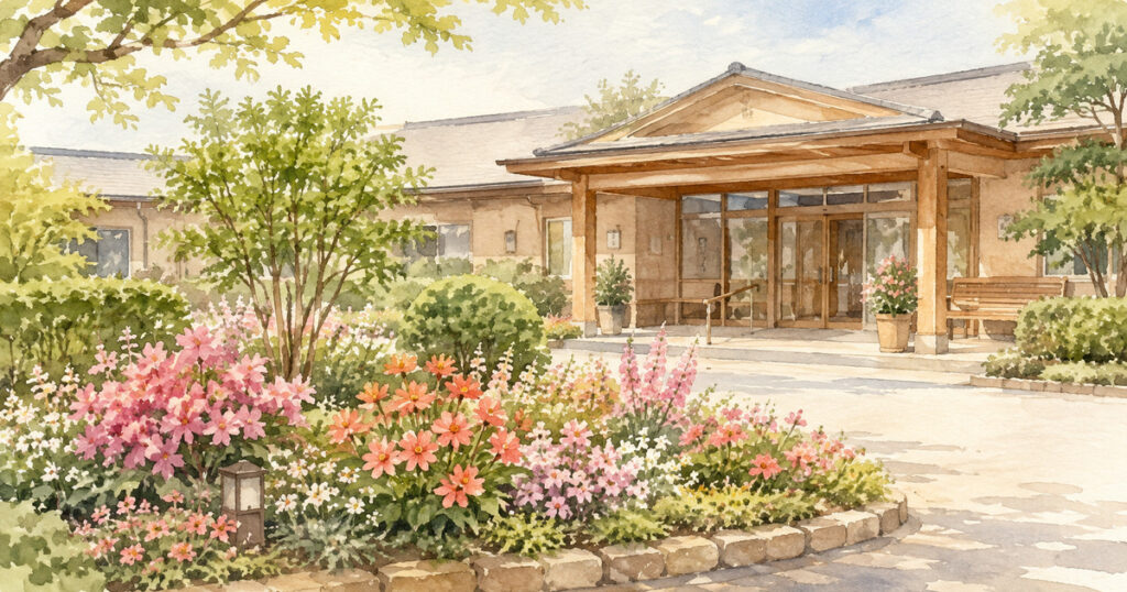 花が咲きそろった介護施設の玄関前の花壇