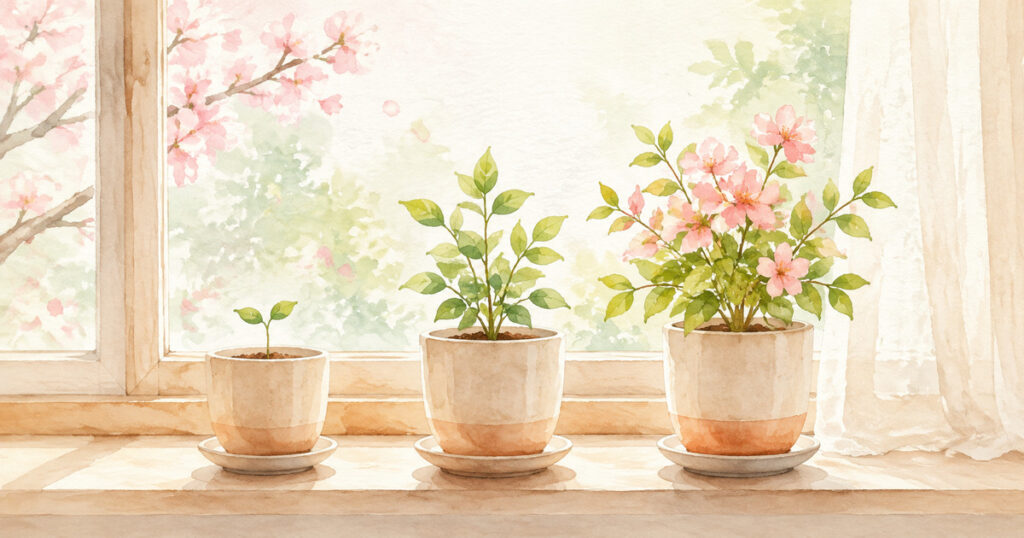 窓辺に並んだ3つの小さな鉢植え。それぞれ育ち方が違う