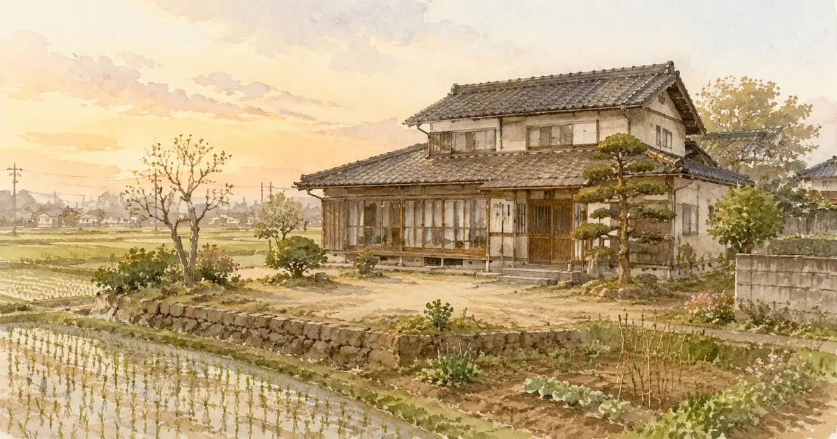 田んぼに囲まれた古い日本家屋の玄関先。空き家になった実家