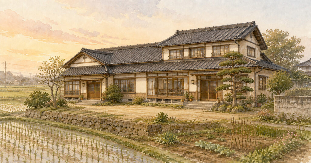 田んぼと畑に囲まれた日本の古い一軒家