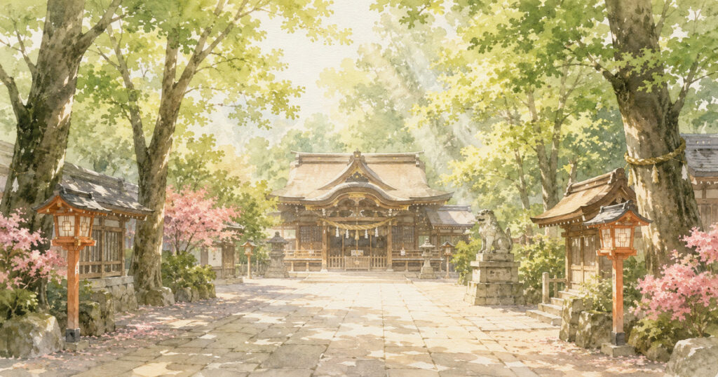神社の境内の石畳と、木々のあいだから差す光