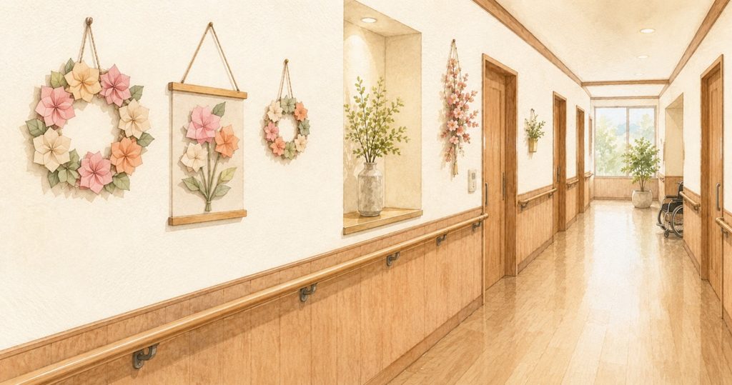 手すりのついた施設の廊下と、壁に飾られた花のリースや貼り絵