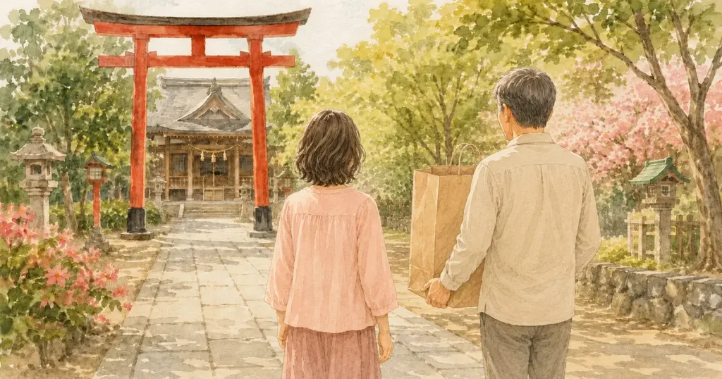 袋に入れた実家の神棚を夫婦二人で神社へ運ぶ水彩画