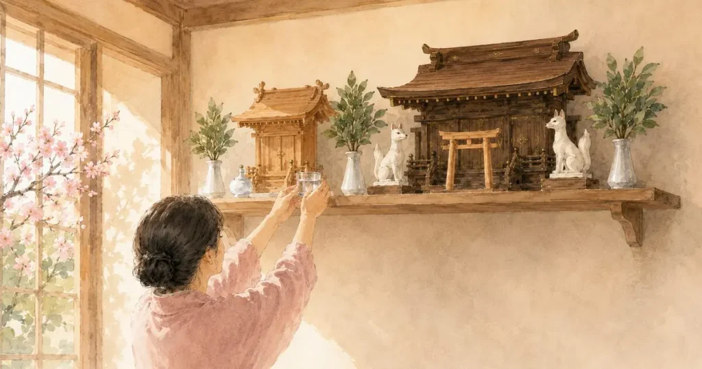 自宅に2つの神棚を並べ、毎朝のお水を替えて手を合わせる女性の水彩画