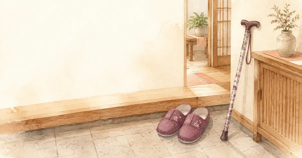 玄関に置かれた紫色の靴と花柄の杖