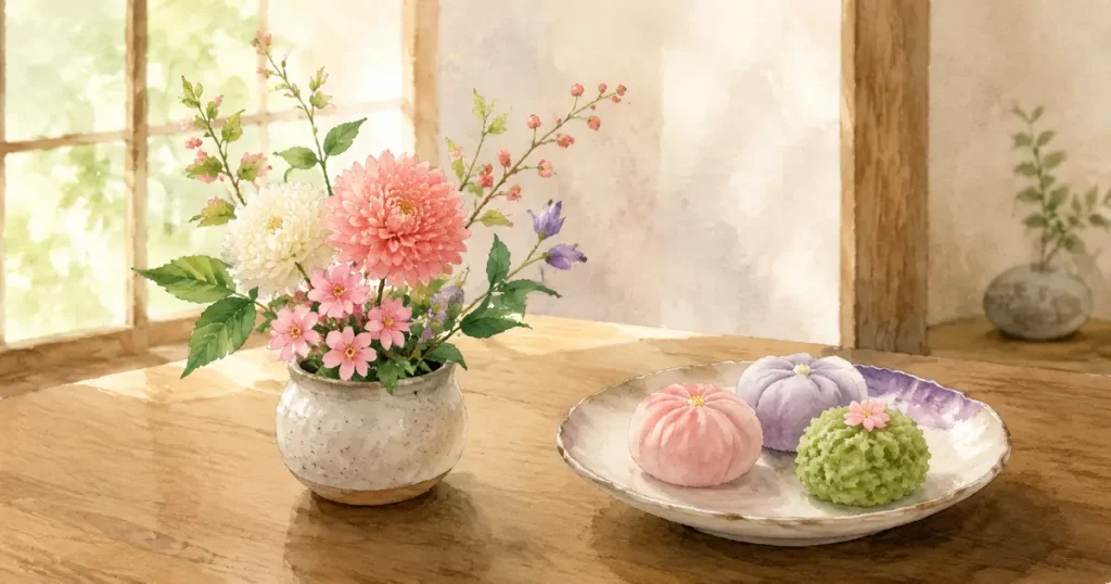 テーブルに置かれた花のアレンジと和菓子
