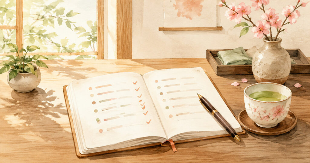 見学する施設の候補を書き出したノートとペン
