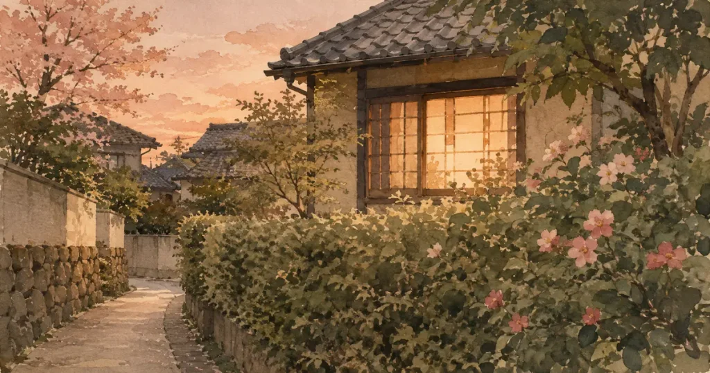 夕方、明かりのついた家の窓