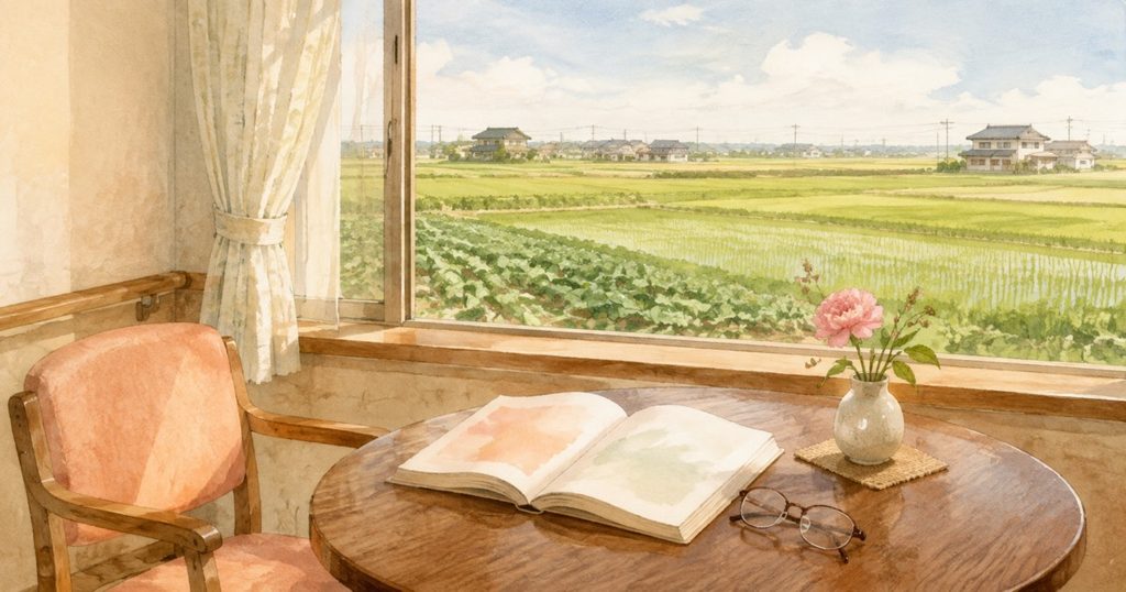 窓辺のテーブルで本を読んで過ごす、施設での穏やかな時間