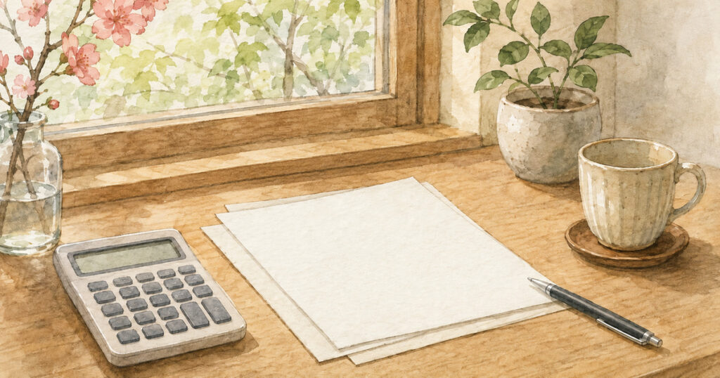 机に置かれた見積書の束と電卓、ペン