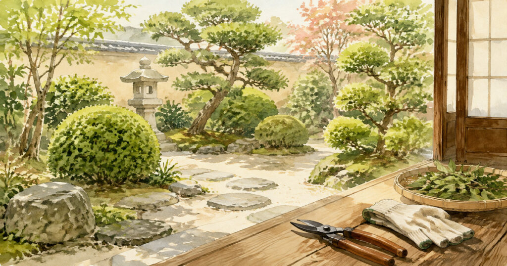 手入れされた庭の木と、置かれた剪定ばさみと軍手