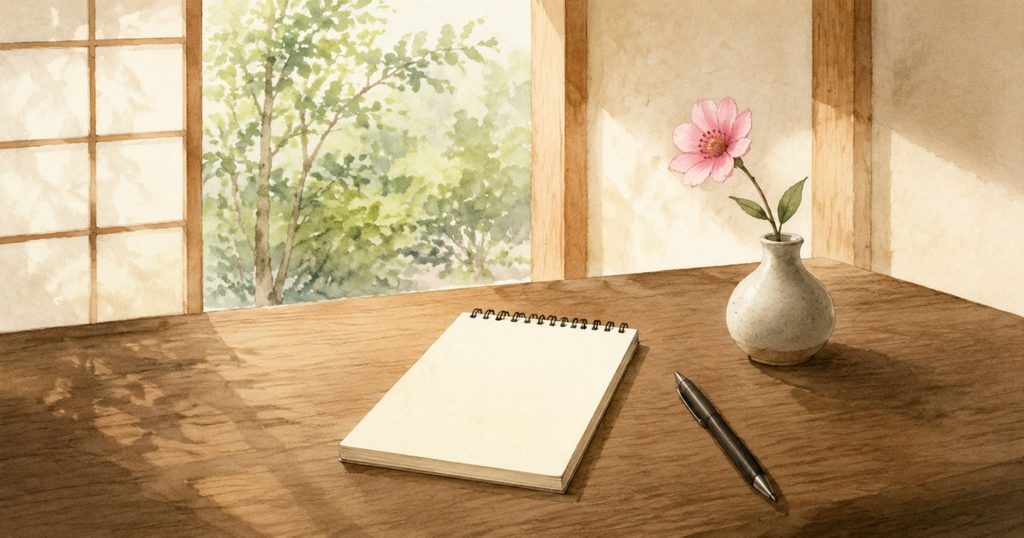 障子のある和室の机に置かれた、白紙のノートとペン、一輪挿しの花