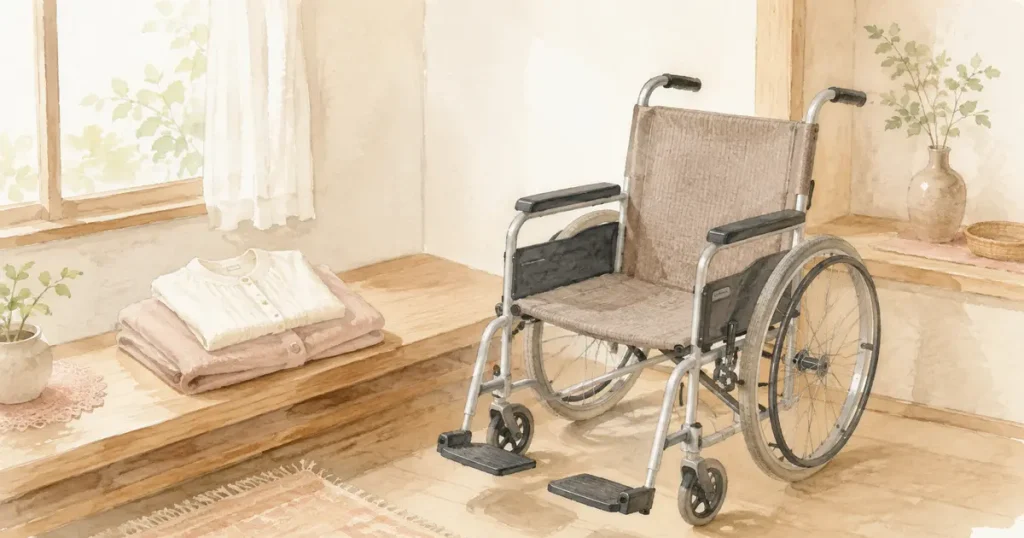 たたんだジャケットとブラウス、そばに置かれた車椅子