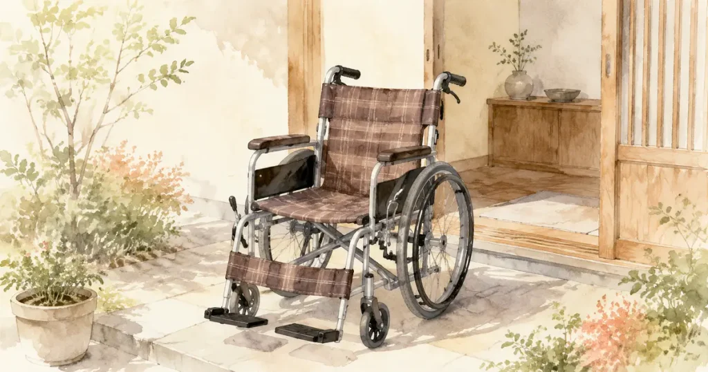 ブラウンのチェック柄の車椅子