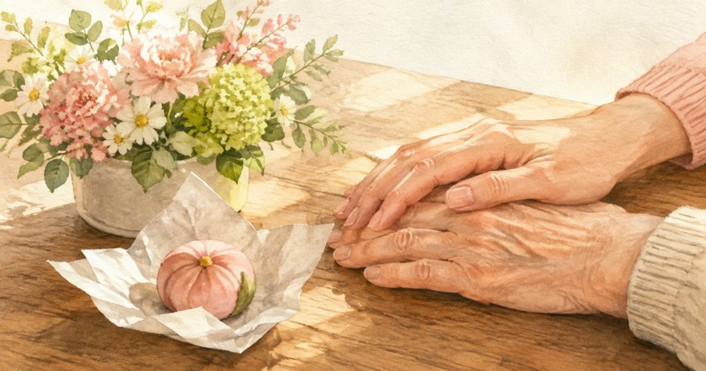 面会で手を重ねる母と娘。そばに持参した花とお菓子