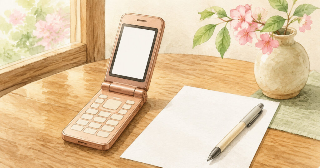 木のテーブルに置かれたシンプルな携帯電話とメモ用紙
