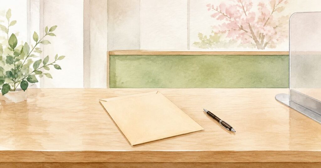 市役所の相談窓口と、書類を入れた封筒