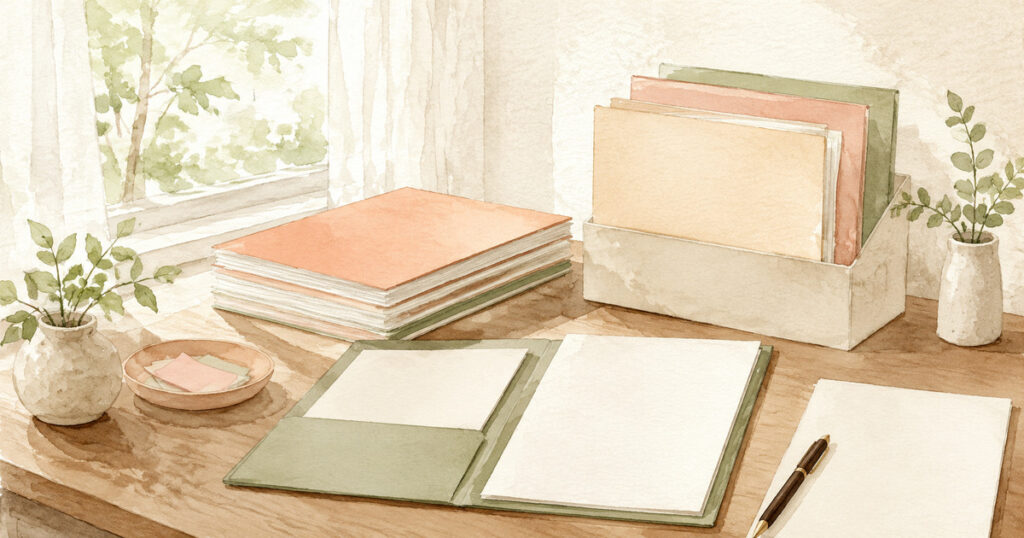整理された書類の束と開いたファイル、ペン