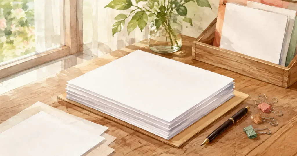整えられた書類の束とペン