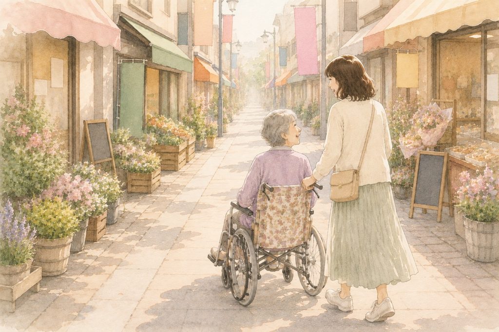 商店街を、車椅子の母と笑顔で話しながら歩く親子