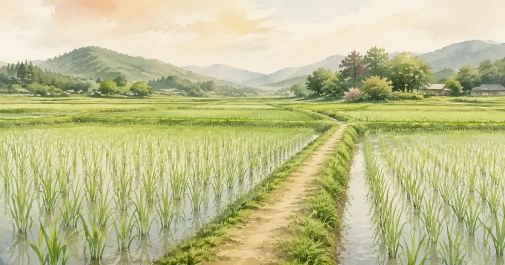 稲が育つ田んぼと、あいだを通る細い畦道