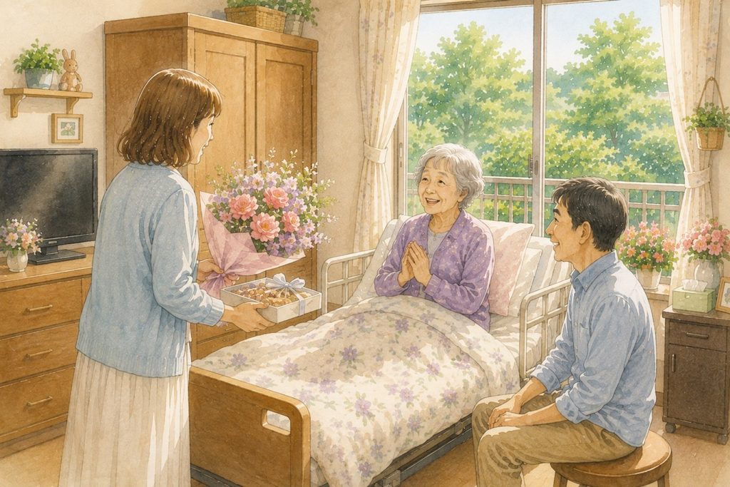 施設の部屋で、花束とお菓子を持って面会に来た家族と笑顔の母