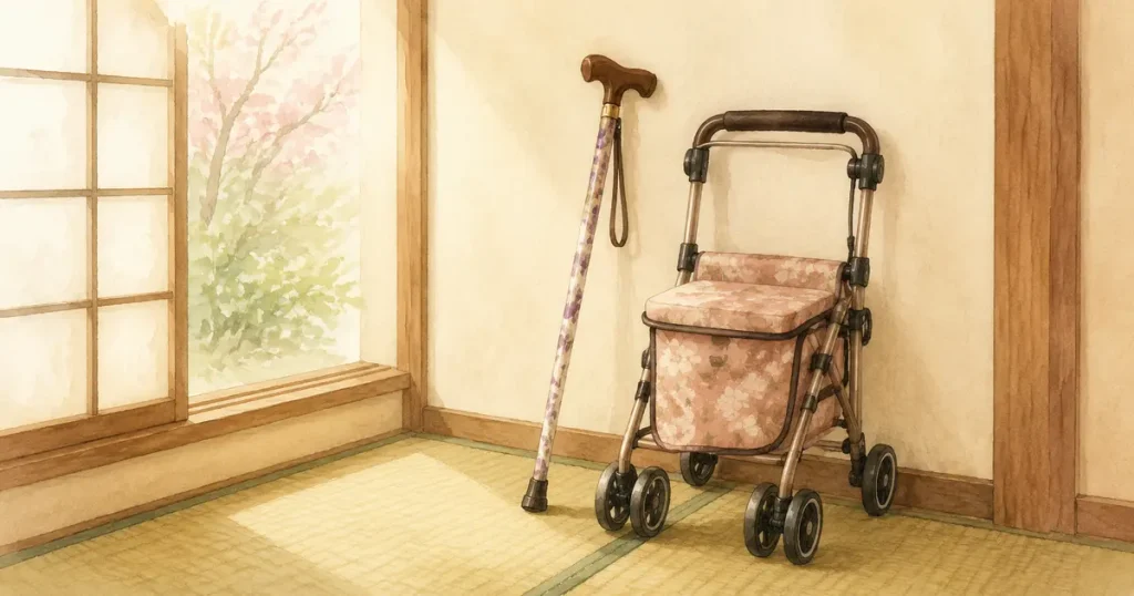 花柄の杖とコンパクトな押し車