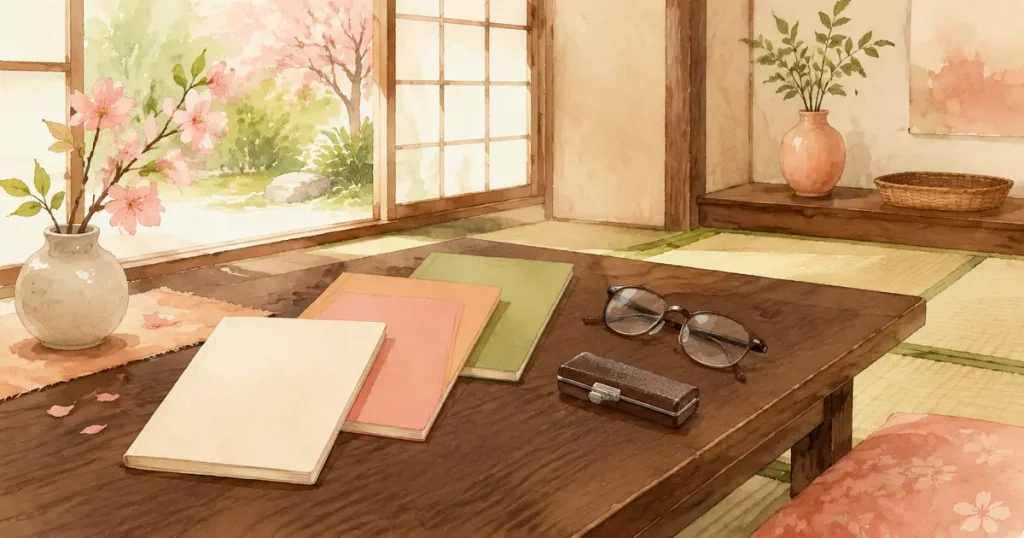 机に置かれた数冊の通帳と印鑑と老眼鏡