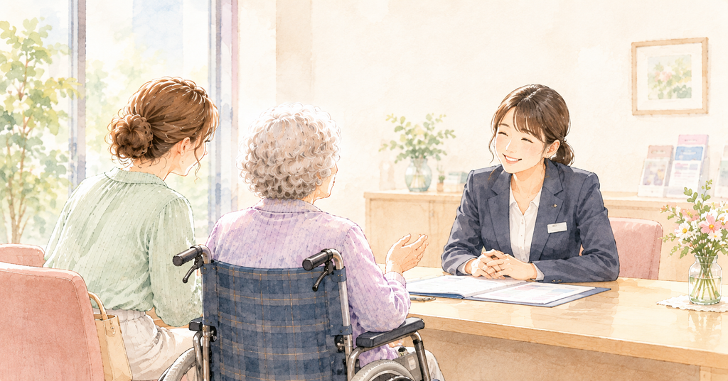 支店の窓口で保険の説明を聞く母と娘