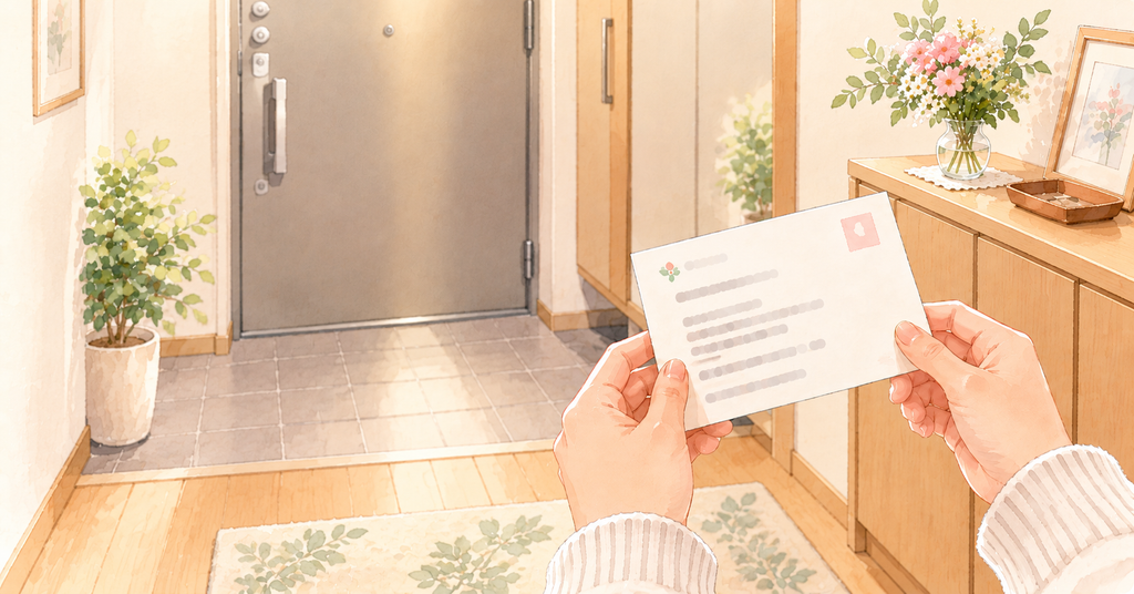 手続き完了を知らせるハガキを見ている手元