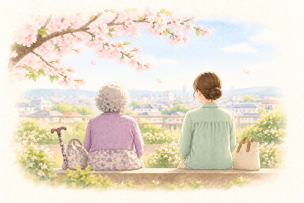 桜の下のベンチに並んで座る母と娘の後ろ姿