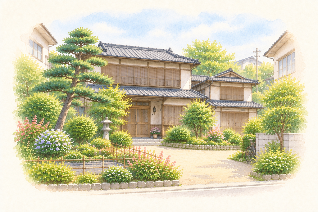 松のある庭と瓦屋根の実家