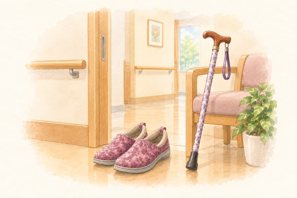花柄の介護シューズと花柄の杖